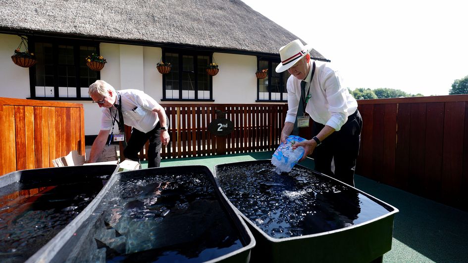 Ice is added to the water troughs in the winners' enclosure at Newmarket racecourse
