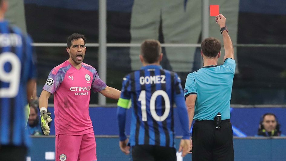 Manchester City keeper Claudio Bravo is sent off during their Champions League draw at Atalanta