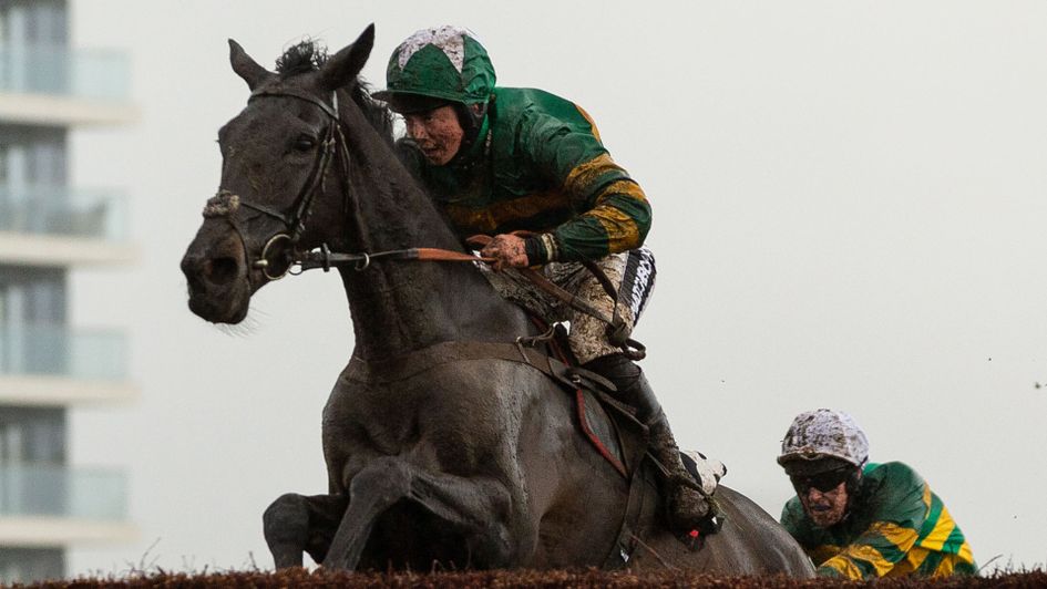 Bryony Frost in perfect harmony with a mud-splattered Kapcorse