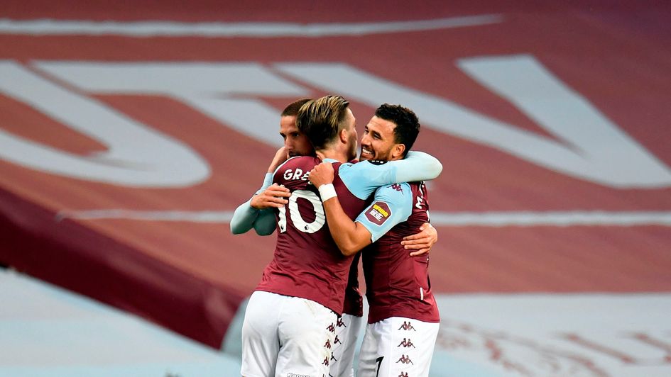 Aston Villa celebrate Trezeguet's huge goal in the Premier League win over Arsenal
