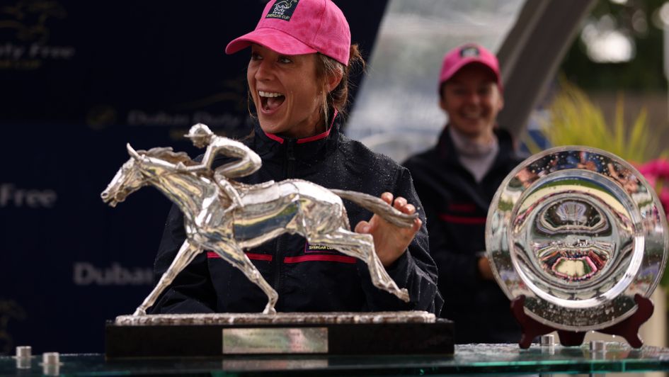 Ladies' team captain Hayley Turner collecting the Dubai Duty Free Shergar Cup