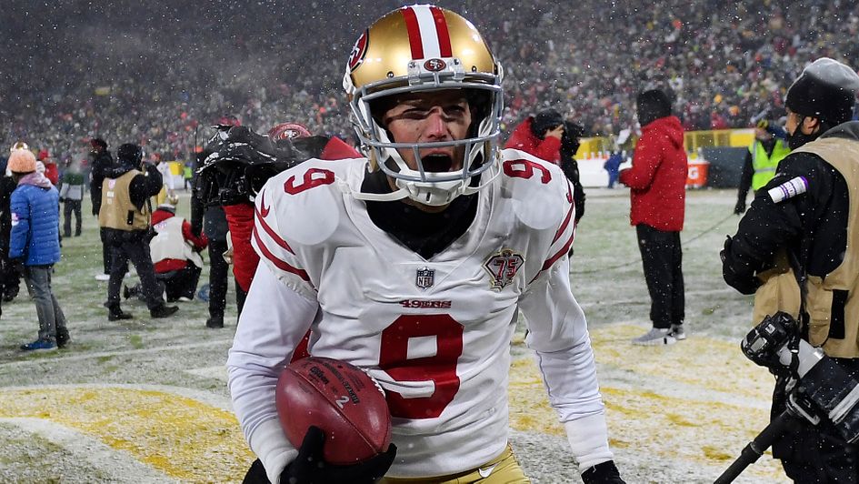 Robbie Gould of the San Francisco 49ers runs off the field after kicking the game-winning field goal