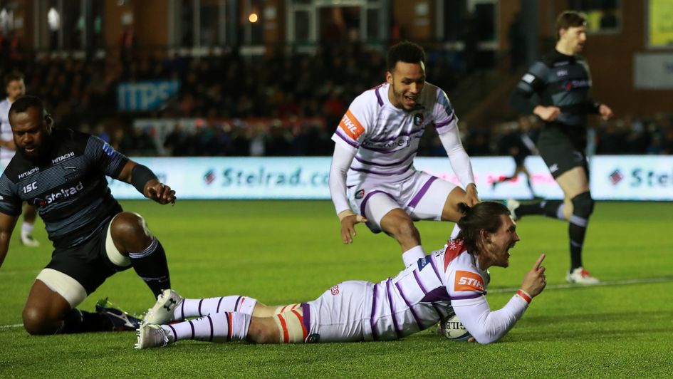 Guy Thompson scores a try for Leicester Tigers at Newcastle