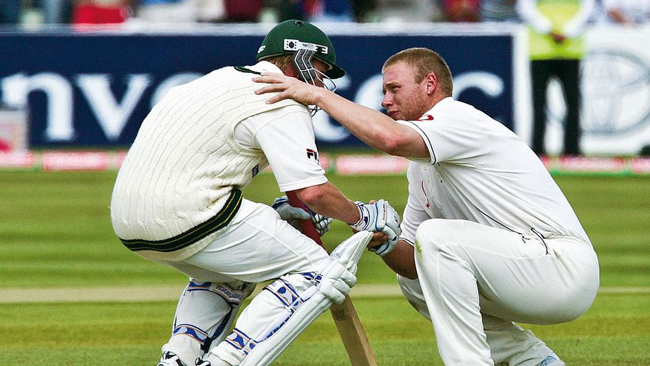 Andrew Flintoff consoles Brett Lee after arguably the best ever Ashes Test