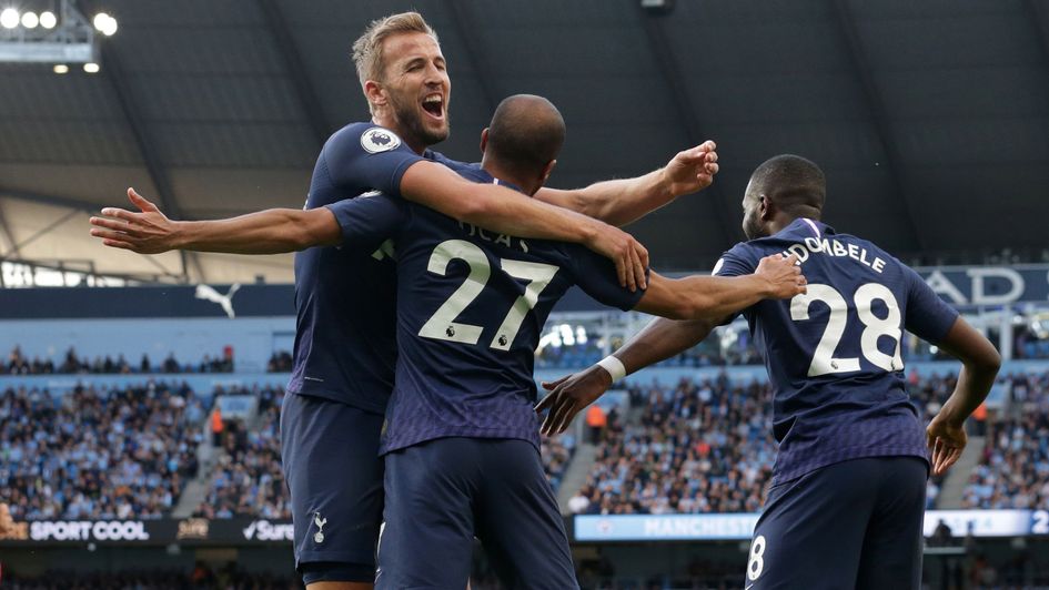 Tottenham celebrate Lucas Moura's equaliser at Manchester City