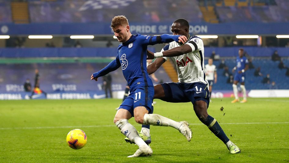 Moussa Sissoko battles for possession with Timo Werner
