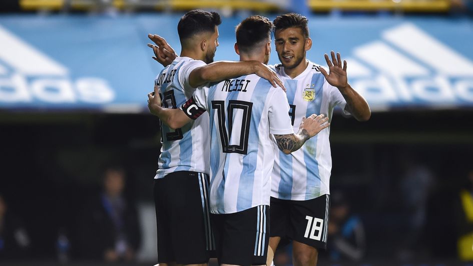 Lionel Messi celebrates with his Argentina team-mates
