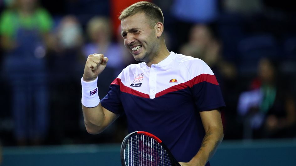 Dan Evans celebrates a point in his Davis Cup win for Team GB