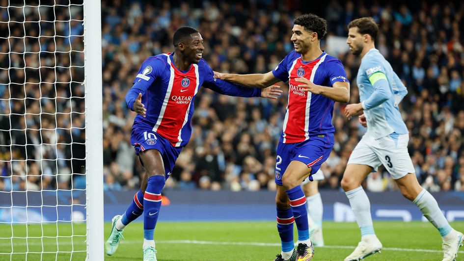Ousmane Dembele celebrates scoring against Manchester City