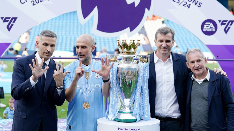 Manchester City Chairman Khaldoon Al Mubarak, Manager Pep Guardiola, CEO Ferran Soriano, and Director of Football, Txiki Begiristain