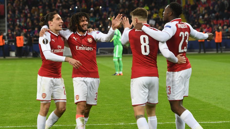 Arsenal celebrate in their Europa League victory over CSKA Moscow