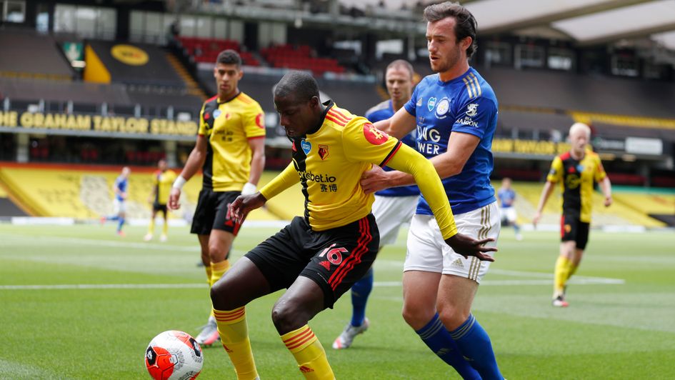 Match action from Watford v Leicester: Abdoulaye Doucoure holds off Ben Chilwell