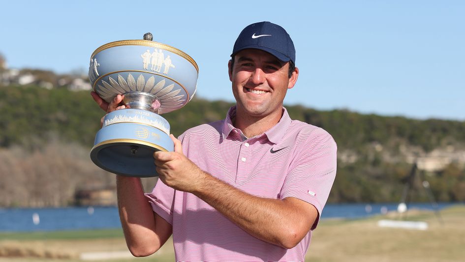 Scottie Scheffler of the United States poses with the Walter Hagen Cup