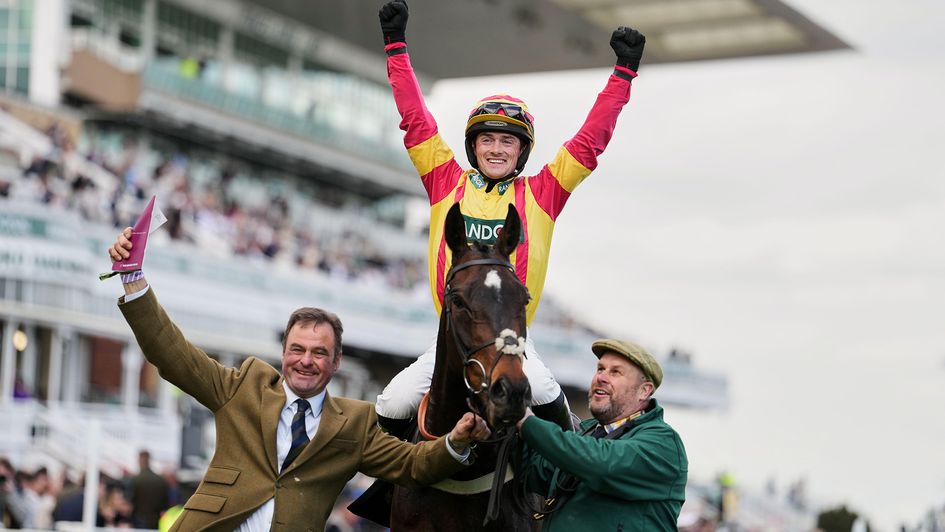 Neil King and Jack Quinlan celebrate Storming George's Aintree success