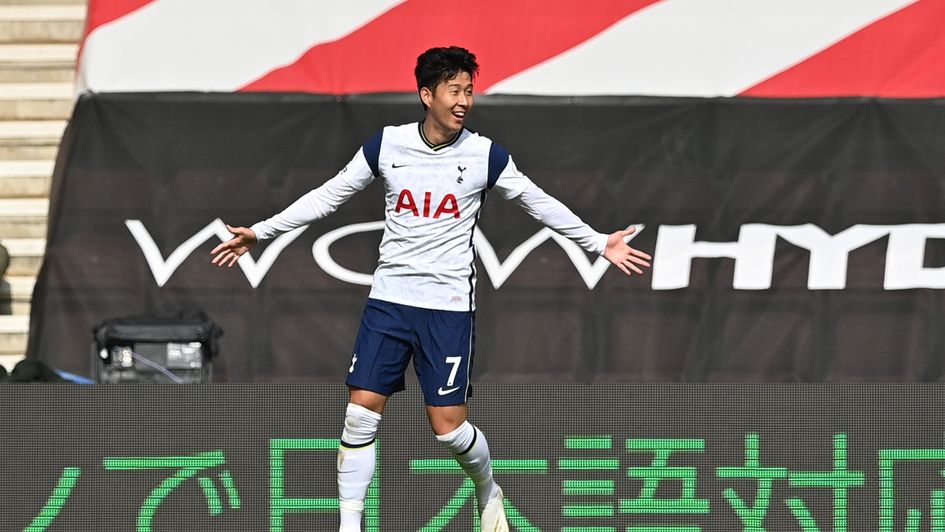 Heung-min Son celebrates his second goal for Tottenham at Southampton