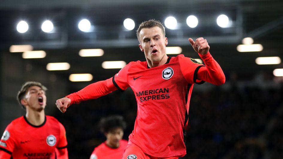Solly March celebrates his goal against Everton
