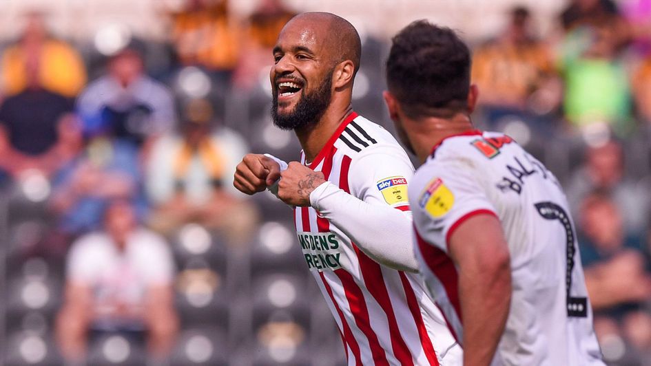 David McGoldrick celebrates for Sheffield United as he scores against Hull City