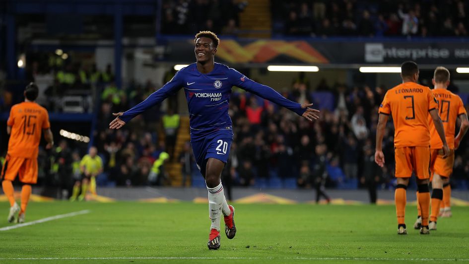 Callum Hudson-Odoi celebrates after scoring in the Europa League