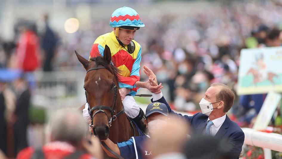 Ryan Moore and Richard Gibson celebrate Wellington’s HK Sprint win