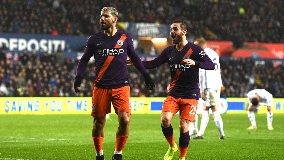 Sergio Aguero (centre): Celebrations for the Man City forward after scoring at Swansea in the FA Cup