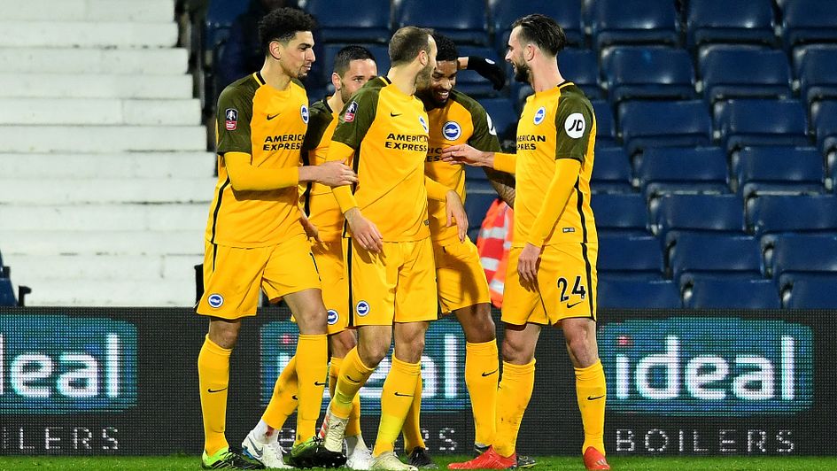 Brighton players celebrate Glenn Murray's goal in the FA Cup clash at West Brom