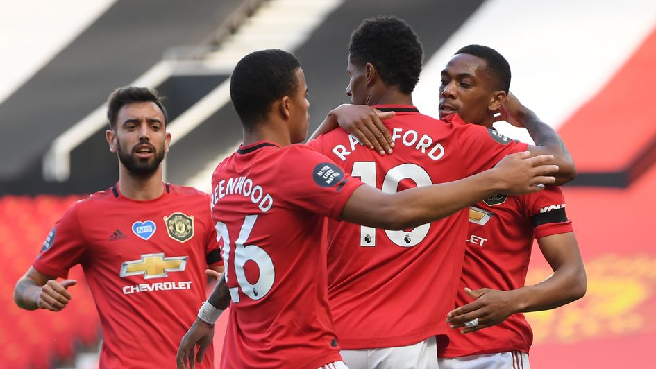 Anthony Martial (right) is congratulated by his Manchester United team-mates after scoring against Sheffield United