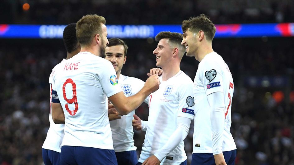 Harry Kane and England celebrate beating Montenegro 7-0 at Wembley