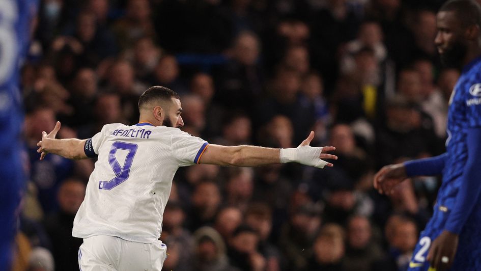 Karim Benzema celebrates a goal against Chelsea