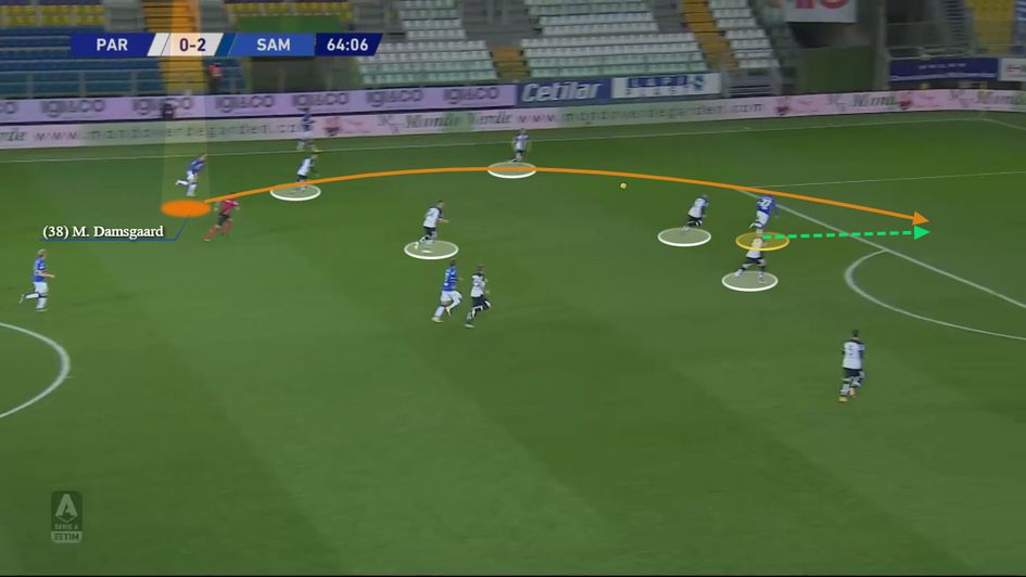 Masterful through ball to take out many defenders to pinpoint his teammate