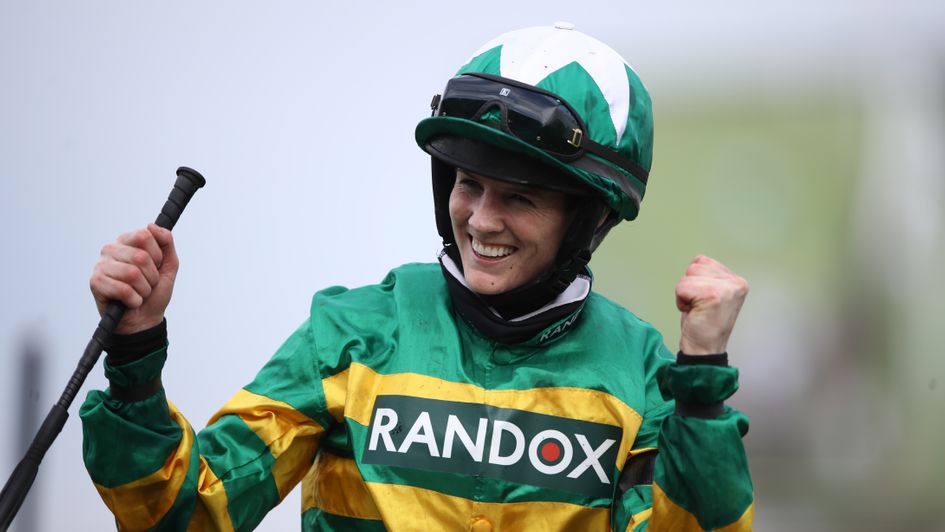 Rachael Blackmore celebrates after winning the Grand National on Minella Times