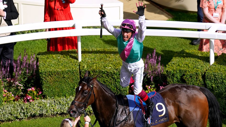 Frankie Dettori leaps from Coppice in celebration