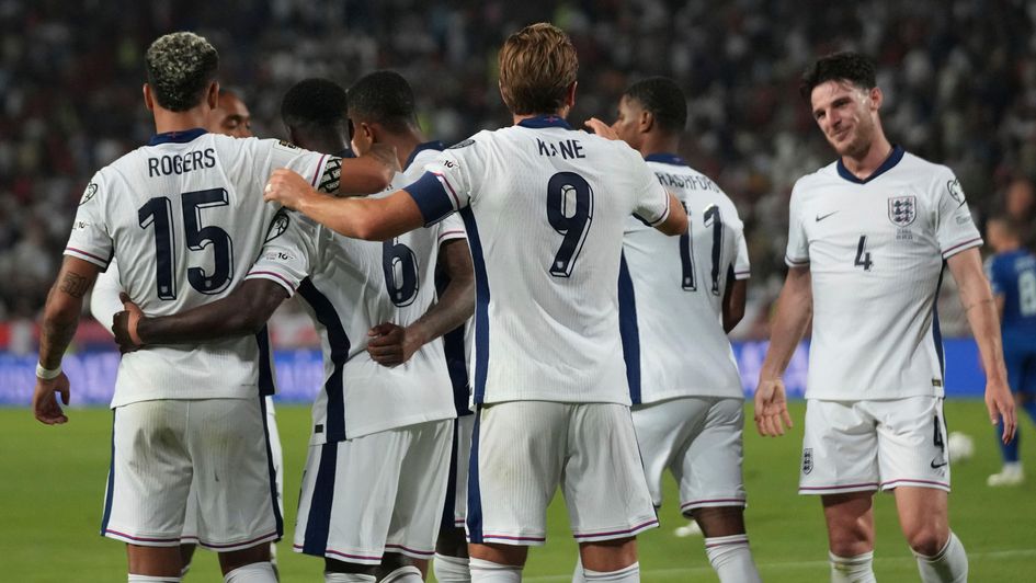 Marc Guehi celebrates after scoring England's fourth goal against Serbia.