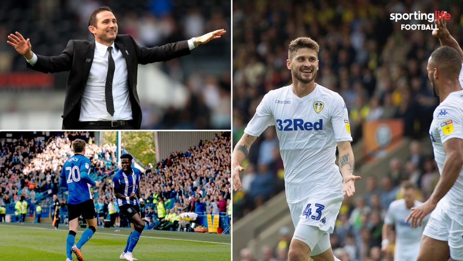 Frank Lampard (top, left) celebrates a victory for Derby, Lucas Joao wheels away after his goal for Sheffield Wednesday and Mateusz Klich (right) fires another for Leeds