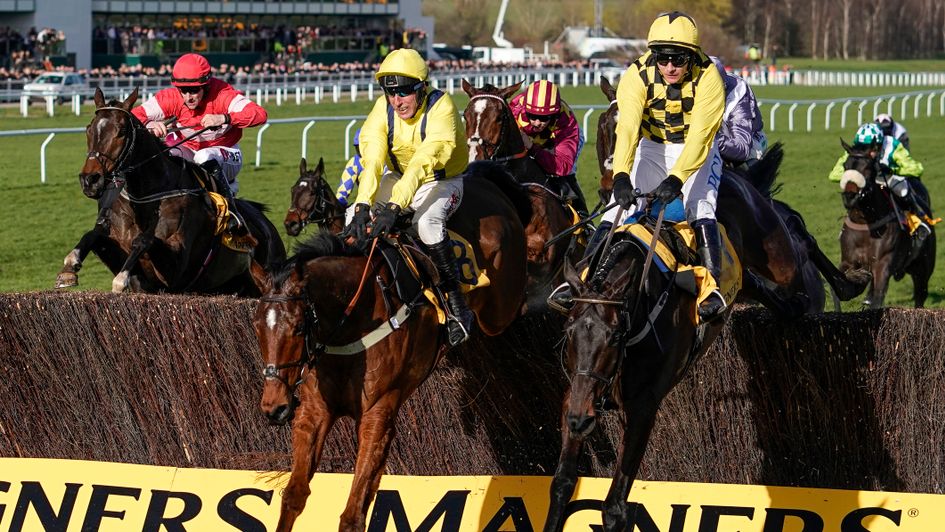 Real Steel (left) - in contention jumping the last in the Gold Cup