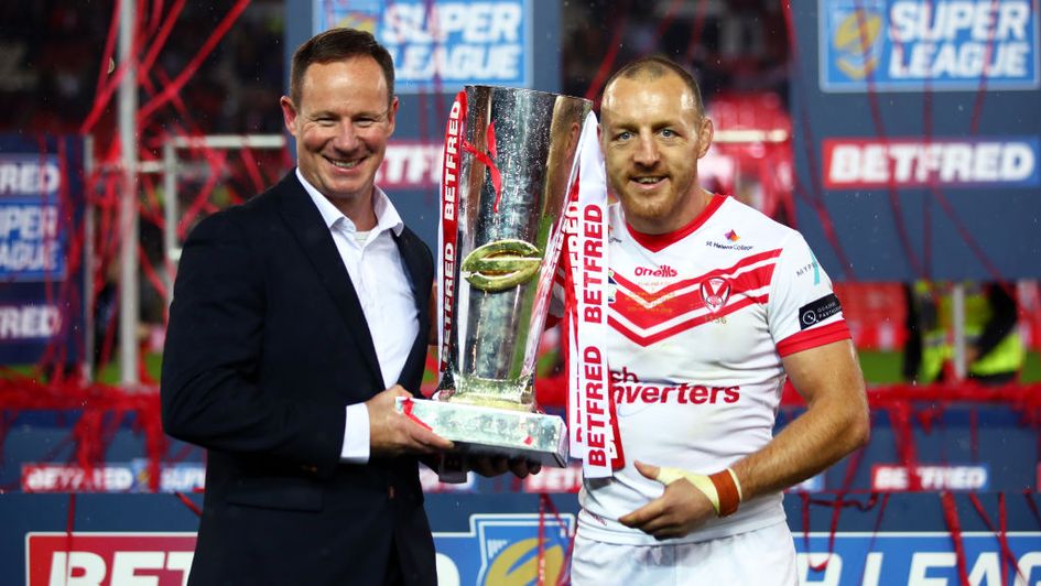 Justin Holbrook and James Roby with the Grand Final trophy