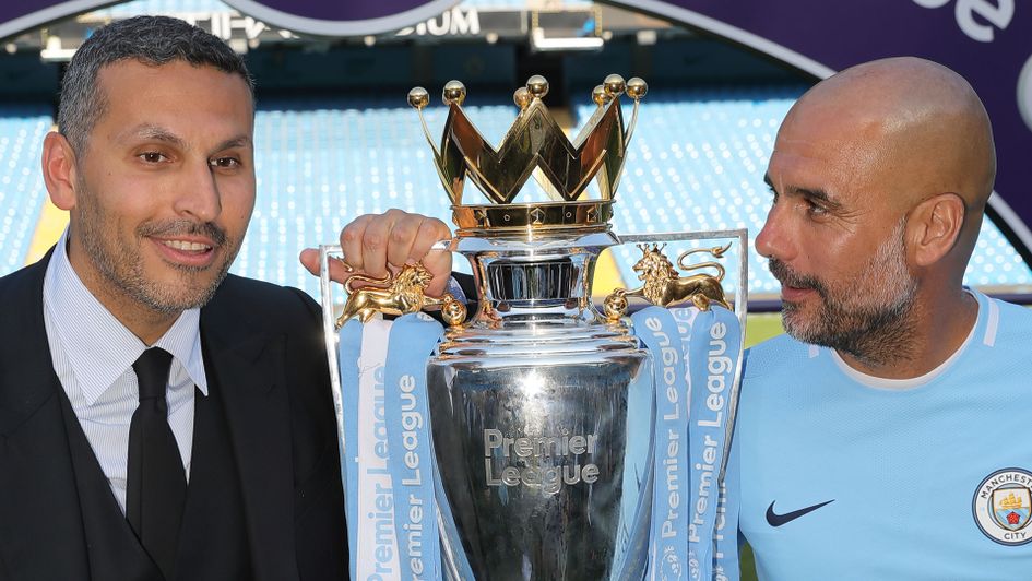 Manchester chairman Khaldoon Al Mubarak, left, with coach Pep Guardiola