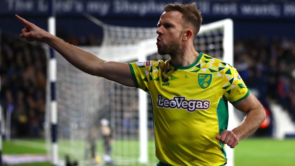 Norwich striker Jordan Rhodes celebrates after netting v West Brom