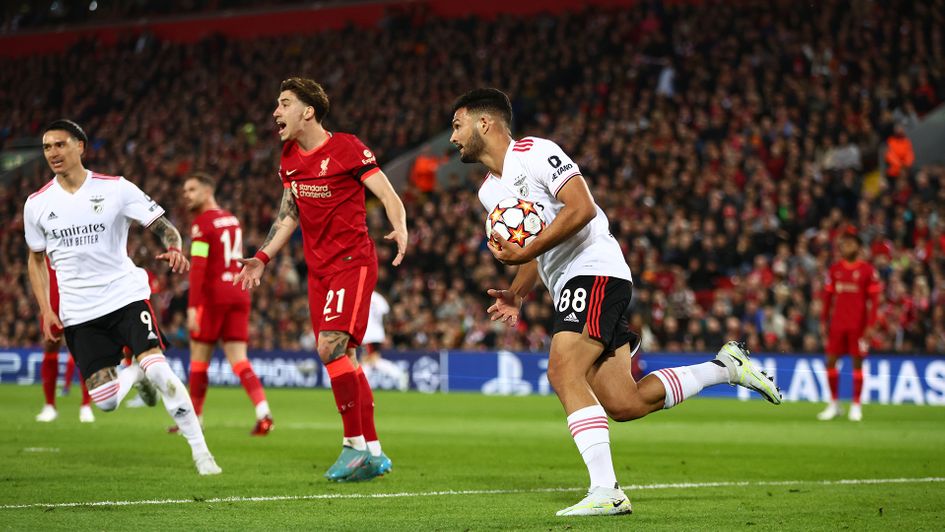Goncalo Ramos celebrates his goal against Liverpool