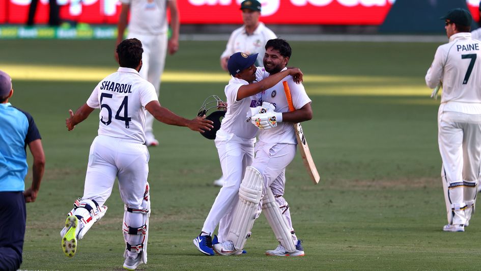 Rishabh Pant celebrates with his India team mates