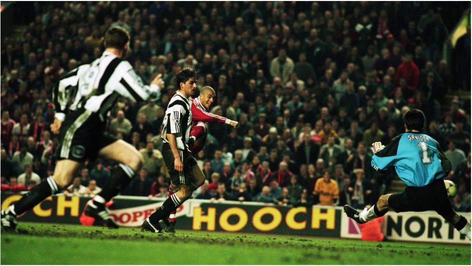 Stan Collymore scores Liverpool's winner in their 4-3 win over Newcastle