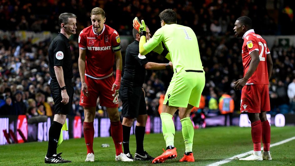 Nottingham Forest appeal to the officials following Leeds' goal at Elland Road