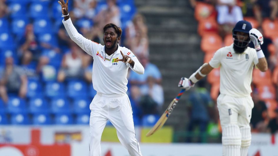 Akila Dananjaya celebrates a wicket during the second test