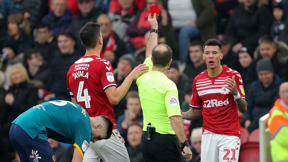 Middlesbrough's Marvin Johnson is sent off against Hull