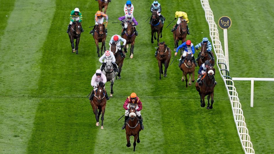 Barton Snow, ridden by Henry Crow (centre), coming home to win the Randox Foxhunters' Open Hunters' Chase