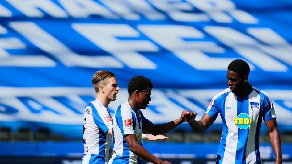 Hertha Berlin celebrate Javairo Dilrosun's goal v Augsburg