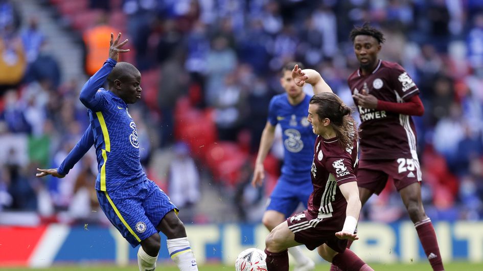 Chelsea's N'Golo Kante and Leicester City's Caglar Soyuncu battle for the ball