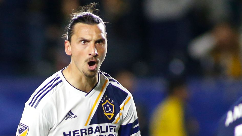 Zlatan Ibrahimovic celebrates after his stunning goal against New England