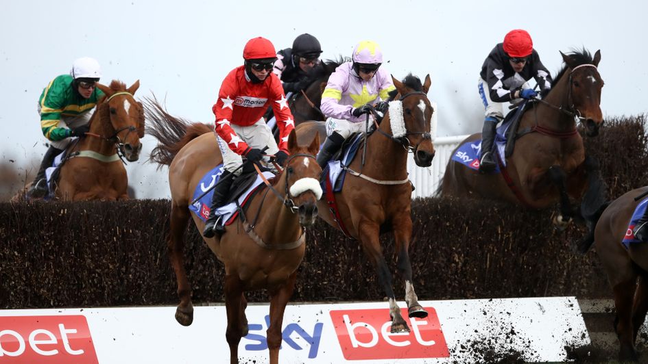 Takingrisks (cheekpieces) on his way to winning the Sky Bet Chase