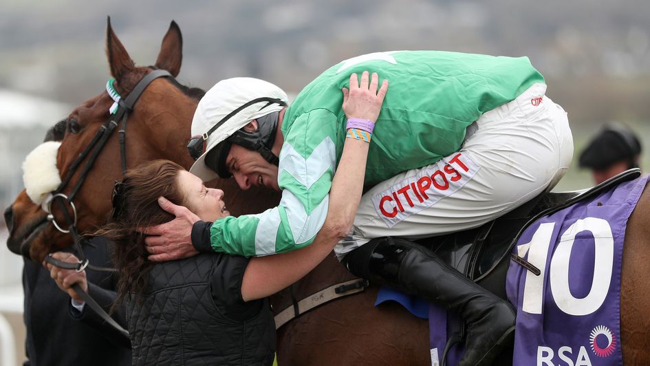 Davy Russell celebrates Presenting Percy's latest Cheltenham win