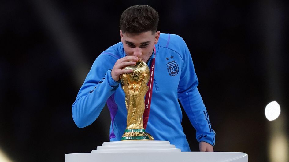 Julian Alvarez with the World Cup
